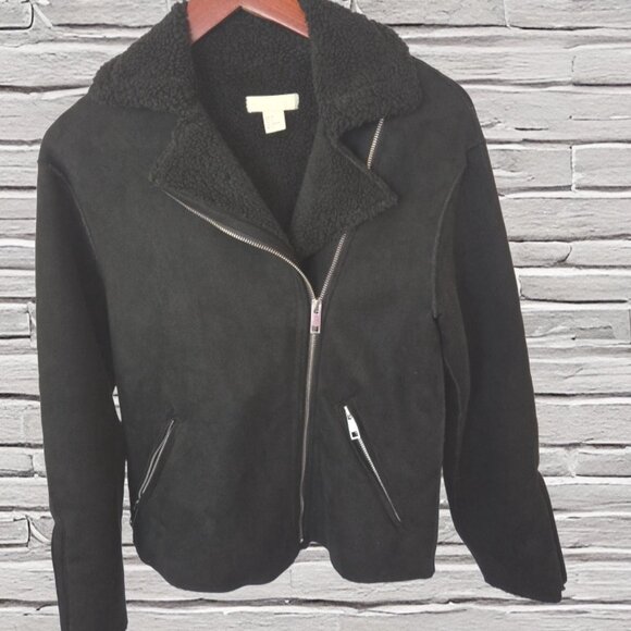 H&M Faux Suede Biker Jacket with Faux Shearling Lining - Size 2 - Picture 3 of 7